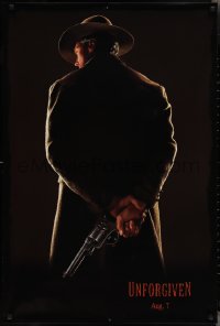 2k1403 UNFORGIVEN teaser DS 1sh 1992 image of gunslinger Clint Eastwood w/back turned, dated design!