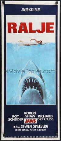 2k0241 JAWS Yugoslavian 14x32 1975 Spielberg's man-eating shark attacking swimmer, Ralje!