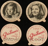 2m0737 LOT OF 2 ICE CREAM CUP LIDS 1942 with portraits of beautiful Veronica Lake & Gene Tierney!