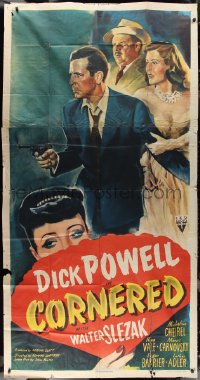 2p0465 CORNERED style A 3sh 1946 great artwork of Dick Powell pointing gun + Walter Slezak & top cast!