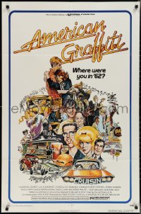 2p0668 AMERICAN GRAFFITI 1sh 1973 George Lucas teen classic, Mort Drucker montage art of cast!