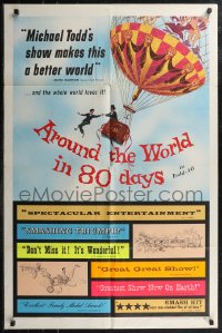 2p0676 AROUND THE WORLD IN 80 DAYS 1sh 1958 world's most honored show, cool balloon art!
