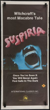 2p0561 SUSPIRIA Aust daybill 1977 classic Dario Argento horror, cool close up screaming mouth image!