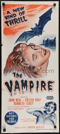 2p0563 VAMPIRE Aust daybill 1957 John Beal, it claws, it drains blood, cool art of monster & victim!
