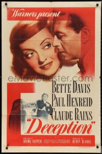 2p0731 DECEPTION 1sh 1946 great close up of Bette Davis & Paul Henreid, plus Claude Rains!