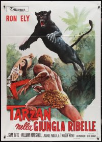 2p0423 TARZAN'S JUNGLE REBELLION Italian 1p 1971 art of Ely & sexy girl attacked by black panther!