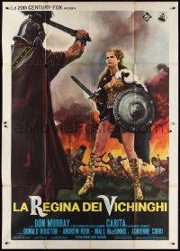 2p0373 VIKING QUEEN Italian 2p 1967 Hammer, different art of sexy Carita with sword & shield!