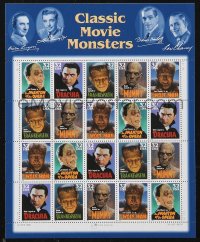 2p1730 CLASSIC MOVIE MONSTERS stamp sheet 1996 Frankenstein, Dracula, Mummy, Wolf Man, 20 stamps!