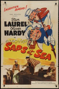 2p0955 SAPS AT SEA 1sh R1946 wonderful different art of Laurel & Hardy, laughter ahead, Hal Roach!