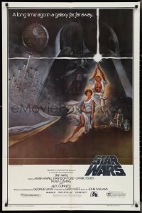 2p0981 STAR WARS style A second printing 1sh 1977 A New Hope, Tom Jung art of Vader over Luke & Leia!