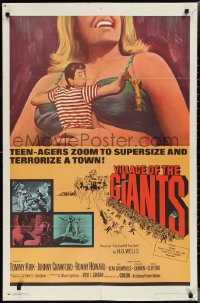 2p1027 VILLAGE OF THE GIANTS 1sh 1965 classic image of boy in gigantic sexy girl's cleavage!