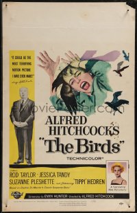2p0022 BIRDS WC 1963 director Alfred Hitchcock shown, Tippi Hedren, classic intense attack artwork!