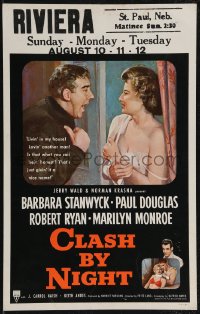 2p0034 CLASH BY NIGHT WC 1952 Fritz Lang, Barbara Stanwyck, Douglas, Ryan, Marilyn Monroe shown!
