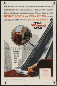 2p1040 WRONG MAN 1sh 1957 Henry Fonda, Vera Miles, Alfred Hitchcock, cool rear view mirror art!
