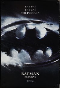 2r0851 BATMAN RETURNS teaser 1sh 1992 Burton, Keaton, The Bat, The Cat, The Penguin, logo design!