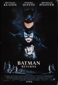 2r0850 BATMAN RETURNS int'l advance 1sh 1992 Burton, Keaton, DeVito, Pfeiffer, cool white date design!