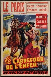 2r0231 HELL'S CROSSROADS Belgian 1957 Stephen McNally as Jesse James on horse & sexy Peggy Castle!