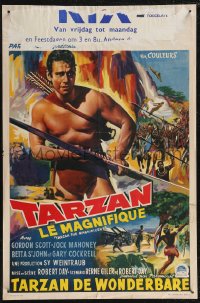 2r0240 TARZAN THE MAGNIFICENT Belgian 1960 artwork of barechested Gordon Scott w/ bow & arrow!