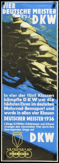 2r0059 DKW 13x36 commercial poster 1980s V. Mundorff art of men on speeding motorcycles!