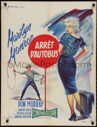 2r0315 BUS STOP French 23x30 R1960s Geleng art of Don Murray w/lasso & sexy Marilyn Monroe!