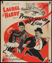 2r0316 CHIMP French 24x29 R1950s wacky art of Stan Laurel w/ Oliver Hardy running from monkey, rare!