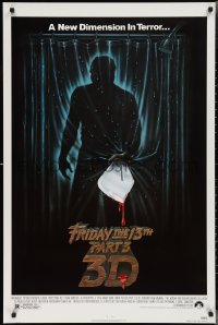 2r0934 FRIDAY THE 13th PART 3 - 3D 1sh 1982 slasher sequel, art of Jason stabbing through shower!