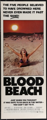 2r0595 BLOOD BEACH insert 1981 Jaws parody tagline, image of sexy girl in bikini sinking in sand!