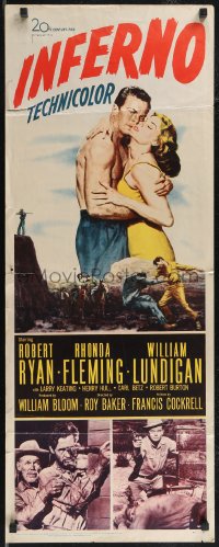 2r0628 INFERNO 2D insert 1953 romantic artwork of William Lundigan embracing sexy Rhonda Fleming!