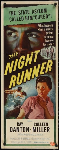 2r0647 NIGHT RUNNER insert 1957 art of crazed Ray Danton, are mental patients turned loose too soon!