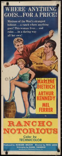 2r0659 RANCHO NOTORIOUS insert 1952 Fritz Lang directed, art of sexy Marlene Dietrich showing leg!
