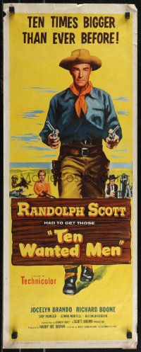 2r0677 TEN WANTED MEN insert 1954 cool image of cowboy Randolph Scott with two six-shooters!