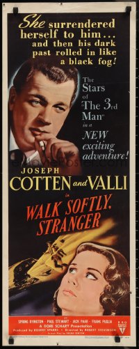 2r0686 WALK SOFTLY STRANGER insert 1950 art of Joseph Cotten & pretty Alida Valli, film noir!