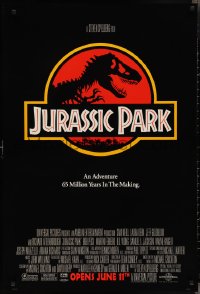 2r1012 JURASSIC PARK advance 1sh 1993 Steven Spielberg, classic logo with T-Rex over red background
