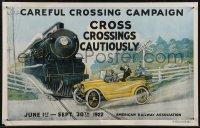 2r0126 CAREFUL CROSSING CAMPAIGN 14x22 special poster 1922 car speeding across tracks, ultra rare!