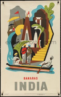 2r0076 INDIA 25x39 Indian travel poster 1957 cool colorful art of rowing through Banaras, rare!