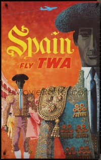 2r0078 TWA SPAIN 25x40 travel poster 1960s David Klein art of Spanish matadors in arena!