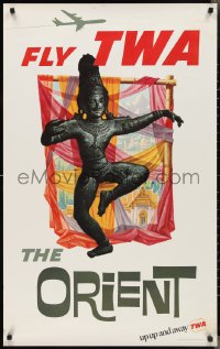 2r0079 TWA THE ORIENT 25x40 travel poster 1967 Asian statue artwork by Klein, up, up and away!