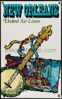 2r0081 UNITED AIR LINES NEW ORLEANS 25x40 travel poster 1968 James Jebavy art of banjo and ship!