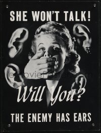 2r0109 SHE WON'T TALK WILL YOU 9x12 WWII war poster 1940s blonde with hand over mouth, ultra rare!