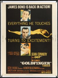 2s0776 GOLDFINGER linen 30x40 1964 Sean Connery as James Bond & golden nude Shirley Eaton, very rare!