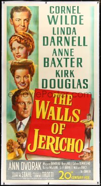 2s0572 WALLS OF JERICHO linen 3sh 1948 art of Cornel Wilde, Darnell, Ann Baxter, Kirk Douglas, rare!
