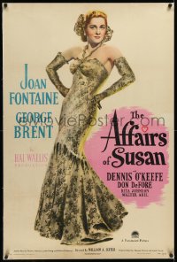 2s0931 AFFAIRS OF SUSAN linen 1sh 1945 full-length image of sexy Joan Fontaine in pretty dress!