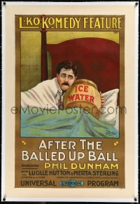 2s0932 AFTER THE BALLED UP BALL linen 1sh 1917 stone litho art of Dunham in bed with ice water, rare!