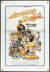 2s0935 AMERICAN GRAFFITI linen 1sh 1973 George Lucas teen classic, Mort Drucker montage art of cast!