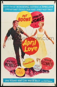 2s0937 APRIL LOVE linen 1sh 1957 full-length romantic art of Pat Boone & sexy Shirley Jones!