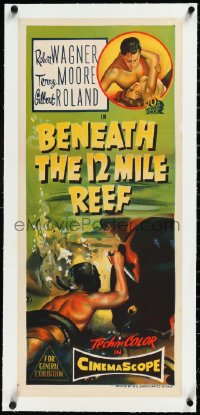2s0837 BENEATH THE 12-MILE REEF linen Aust daybill 1953 cool art of scuba diver fighting octopus!