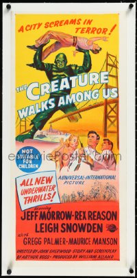 2s0844 CREATURE WALKS AMONG US linen Aust daybill 1956 art of monster attacking by Golden Gate Bridge!