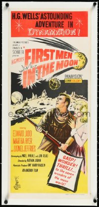 2s0855 FIRST MEN IN THE MOON linen Aust daybill 1964 Ray Harryhausen, H.G. Wells, great sci-fi art!