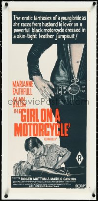 2s0859 GIRL ON A MOTORCYCLE linen Aust daybill 1968 sexy biker Marianne Faithfull, Alain Delon, rare!