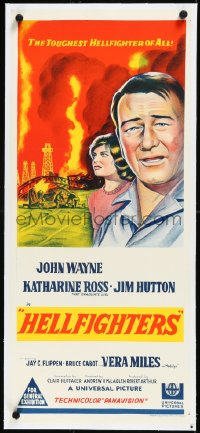 2s0868 HELLFIGHTERS linen Aust daybill 1969 art of John Wayne as fireman Red Adair & Katharine Ross!